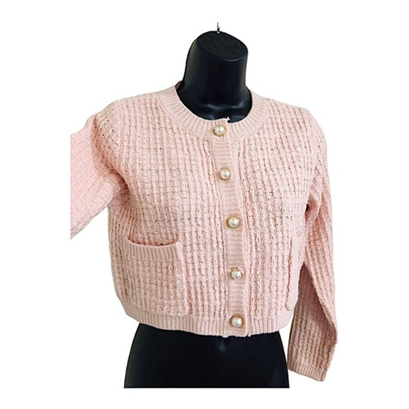 Jessica Simpson pink textured knit pearl button crop cardigan sweater jacket - Picture 7 of 15